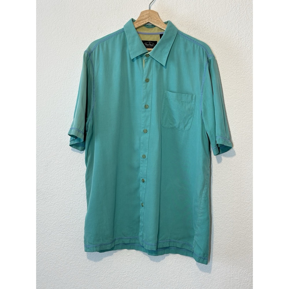Nat Nast Shirt Mens Size Large Silk Short Sleeve Silk Aqua Blue Pocket Sun Faded
